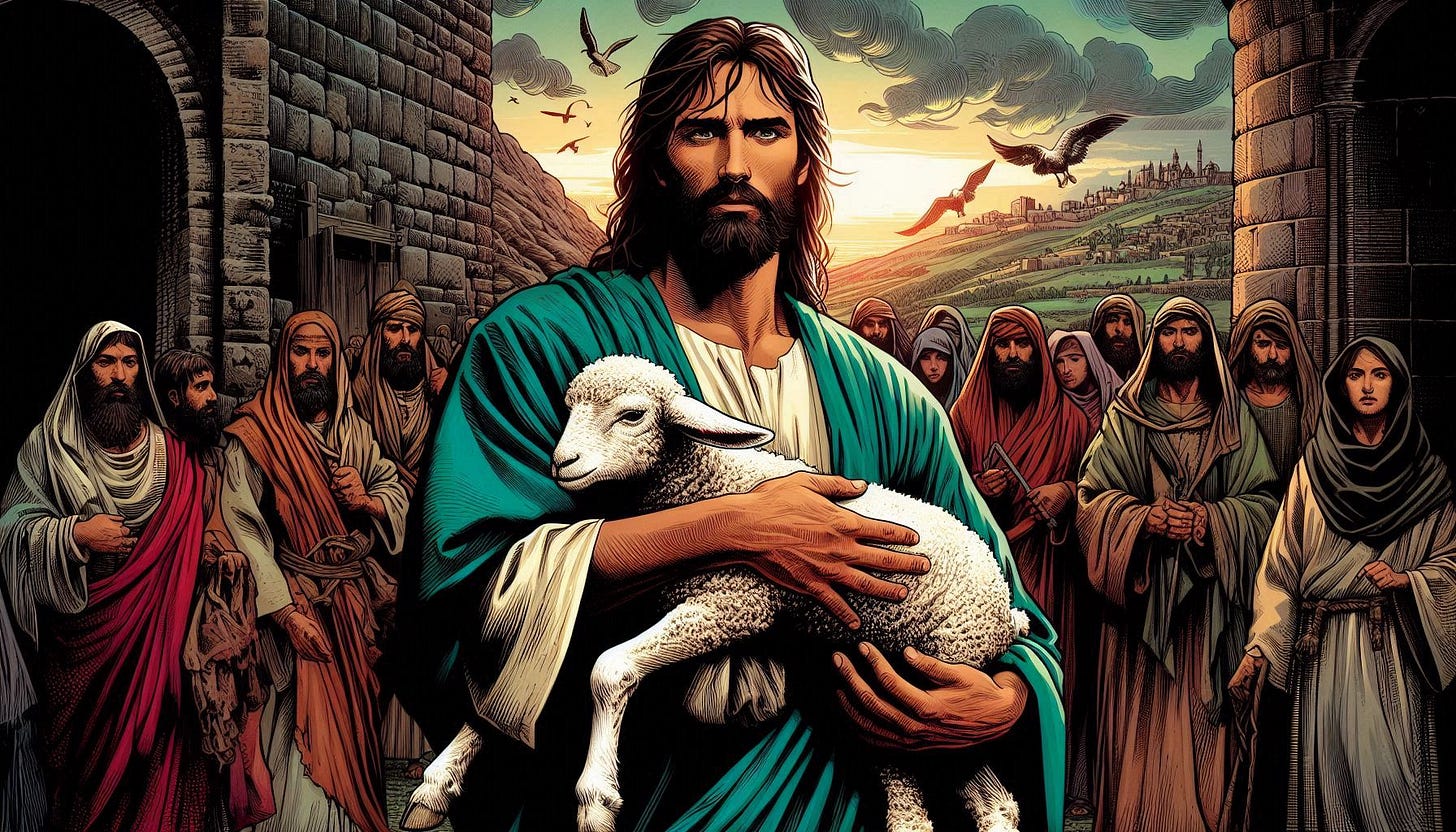 jesus is holding a dead lamb in his arms outside of jerusalem, holy and serious comic book art