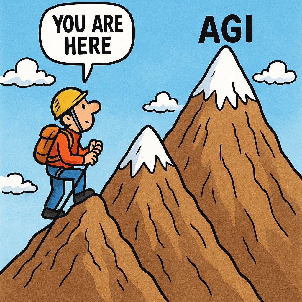 Cartoon hiker on mountain looks at taller snow-capped peak labeled