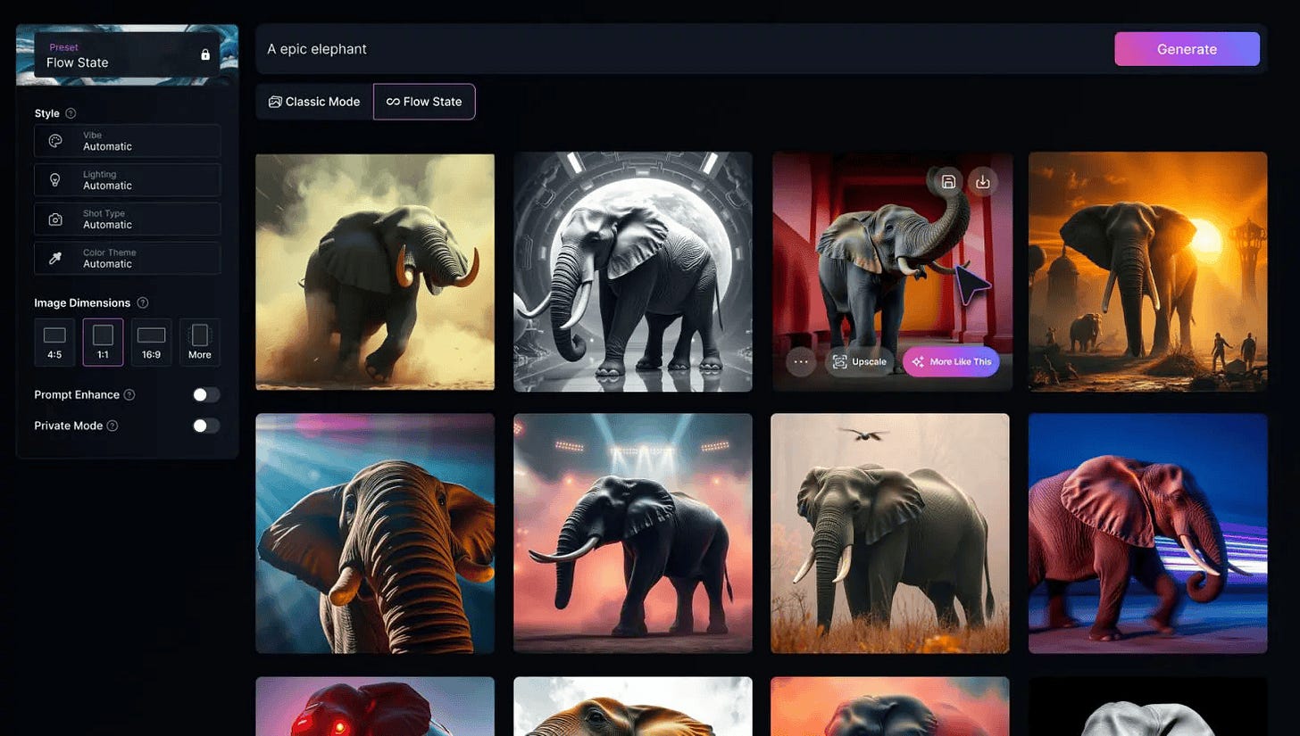 "Flow State" mode in Leonardo AI. A prompt for "epic elephant" above a collection of distinct dramatic images of elephants generated by the AI for the user to select from. 