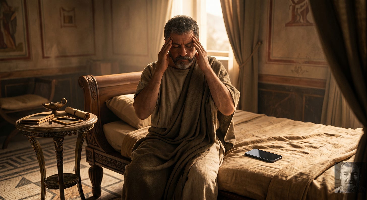 Roman Emperor Marcus Aurelius sitting on his bed meditating