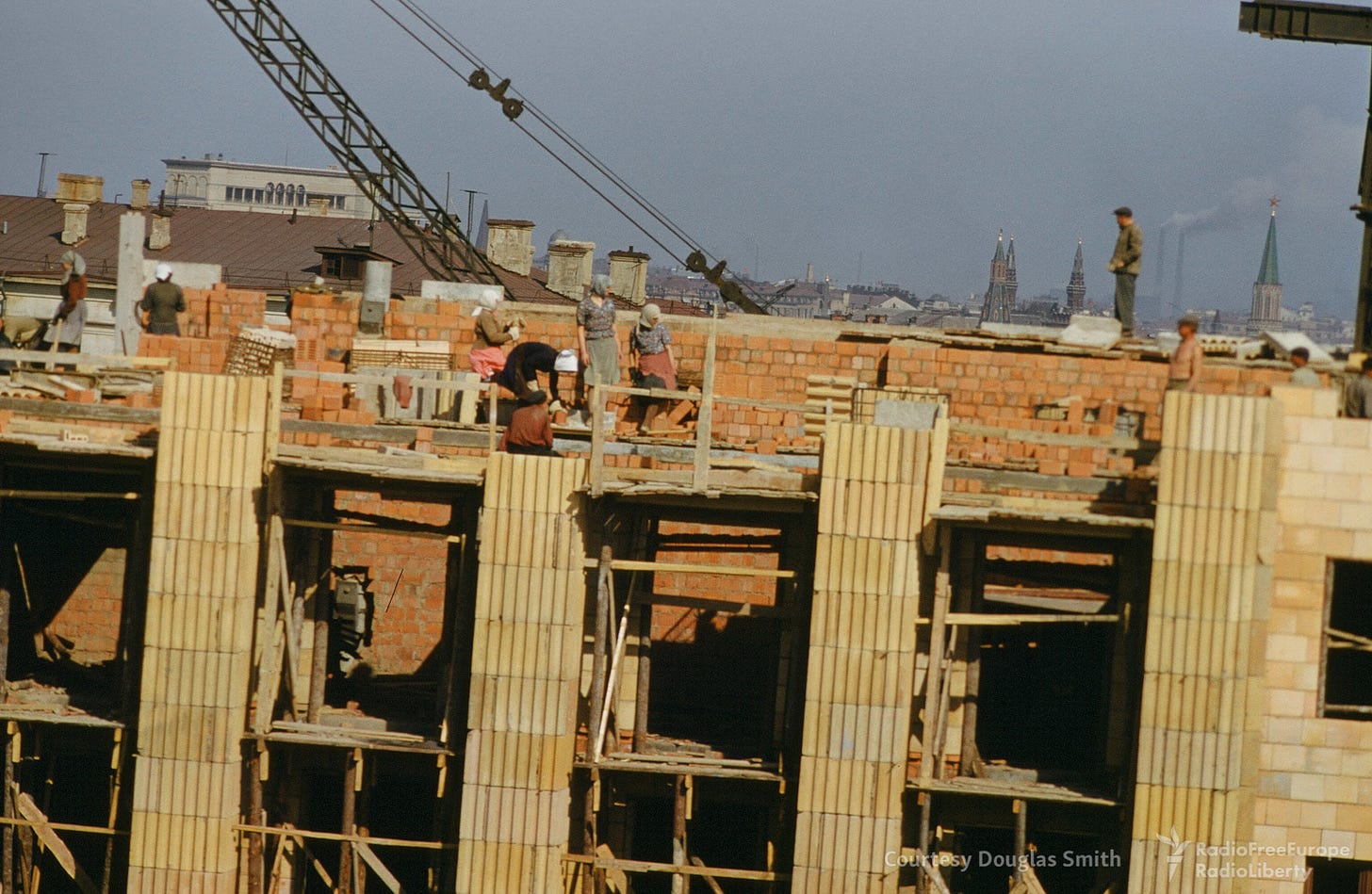 Evidence of Moscow's post-war reconstruction: 18 Novinsky bulvar under construction, a sign of ongoing urban development. Evidence of Moscow's post-war reconstruction: 18 Novinsky bulvar under construction, a sign of ongoing urban development.