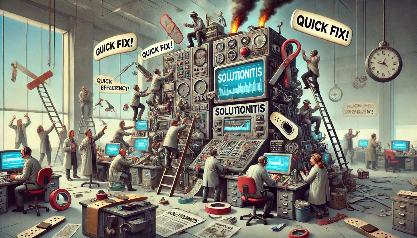 A surreal digital illustration representing "Solutionitis"—the tendency to apply solutions without fully understanding the problem. The image depicts a chaotic office or futuristic control room where people frantically place random tools (band-aids, duct tape, oversized buttons, levers) on a complex, glitching machine with smoke coming out. Some workers celebrate, thinking they’ve solved the issue, while others look confused as new problems emerge.

In the background, stacks of unused manuals and research papers are ignored, symbolizing a lack of deep analysis. Floating speech bubbles contain buzzwords like "Quick Fix!", "Efficiency!", and "Patch It!". The overall color scheme contrasts bright, urgent warning lights with a muted, overwhelmed atmosphere.

Created using: hyper-detailed illustration, semi-surrealism, exaggerated expressions, high-contrast lighting, dynamic composition, storytelling elements, and a balance between chaos and humor.