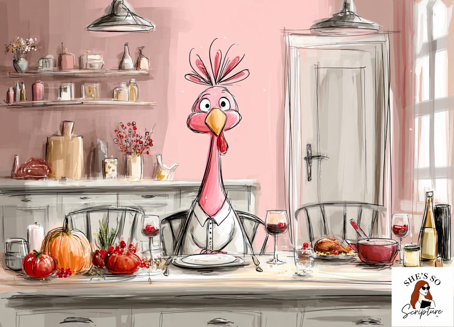 Illustration of a turkey in a shirt sitting at a table full of food
