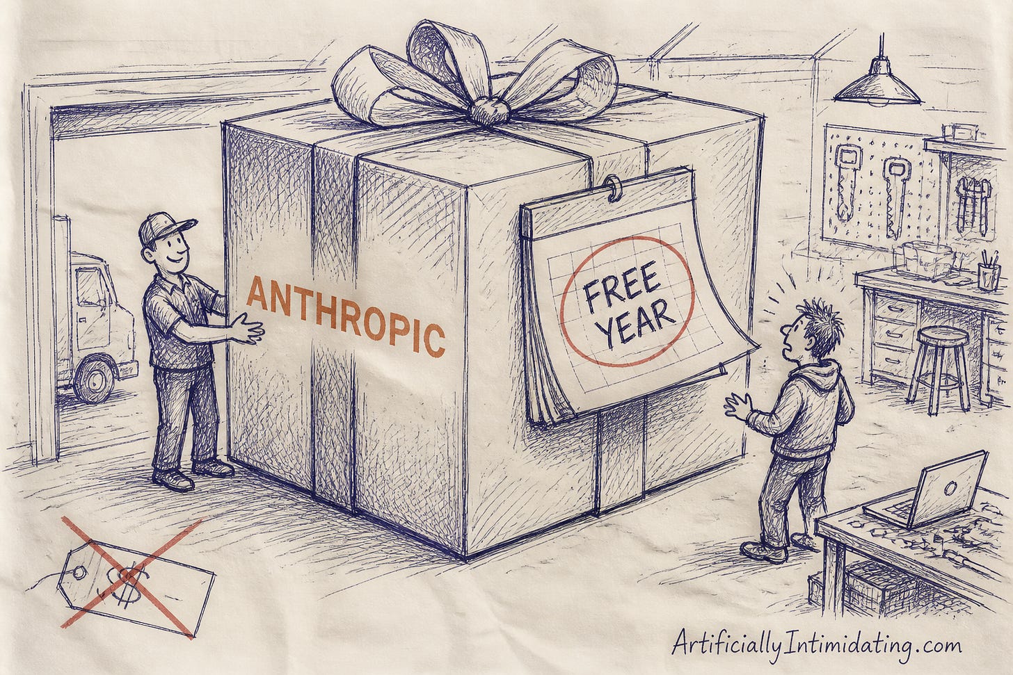 A delivery person hands a tiny garage-startup founder an enormous gift-wrapped box stamped with a rust-orange Anthropic wordmark and a calendar page reading FREE YEAR.