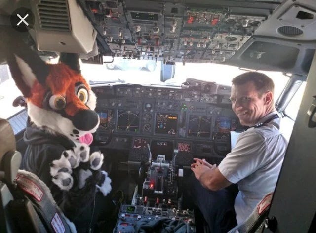 photo of a person in a fur suit (fox?) sitting in the pilot's seat of a 737 (on the ground) and waving at the camera. A smiling man wearing a short-sleeved airline shirt with epaulettes is seated in the copilot's position, his hands folded in his lap. photo of a person in a fur suit (fox?) sitting in the pilot's seat of a 737 (on the ground) and waving at the camera. A smiling man wearing a short-sleeved airline shirt with epaulettes is seated in the copilot's position, his hands folded in his lap.