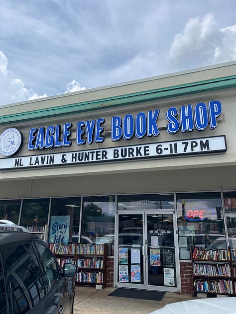 left: MARTA train, center: outside of Eagle Eye Bookshop; right: outside of Eagle Eye Bookshop with line of books