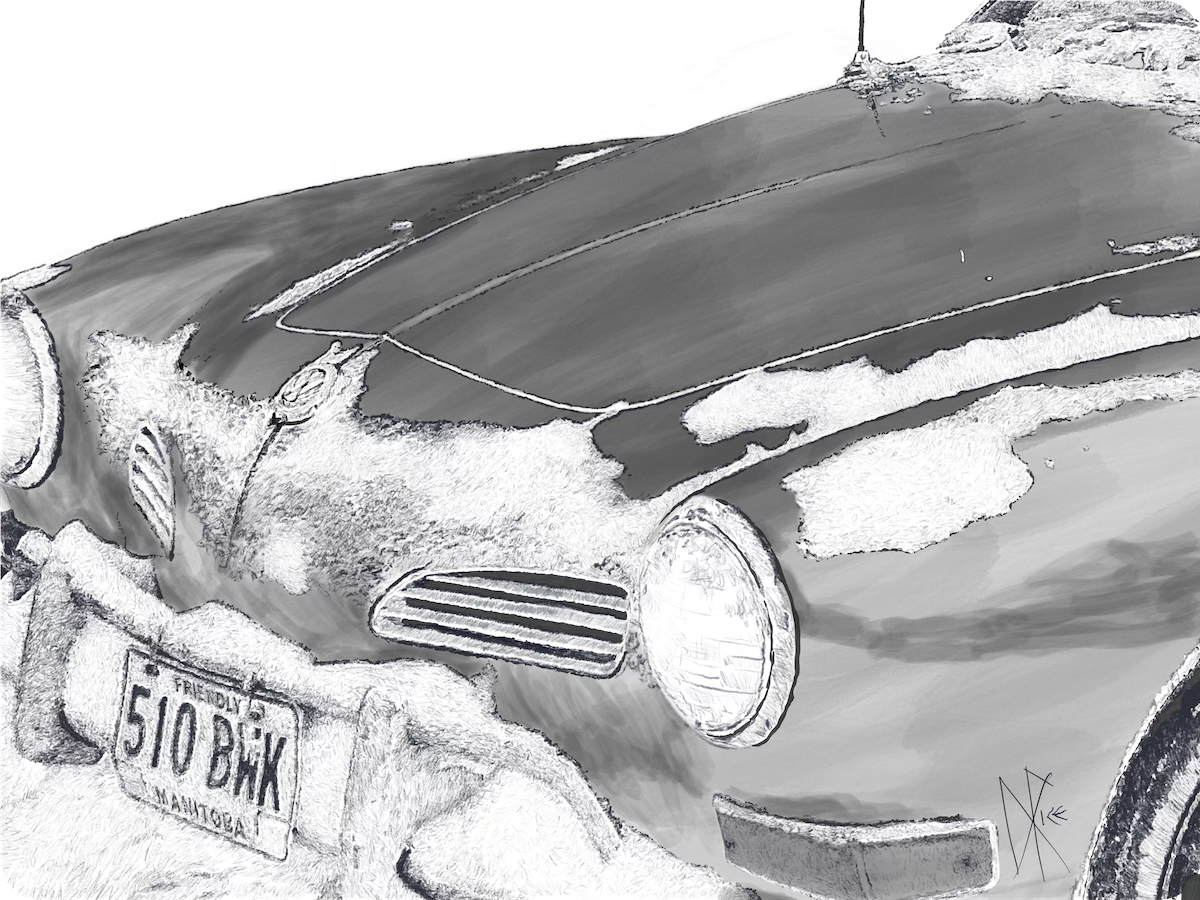Sports car left outdoors, owner surprised by snowfall and freezing rain. Sketch art by Don Rice.
