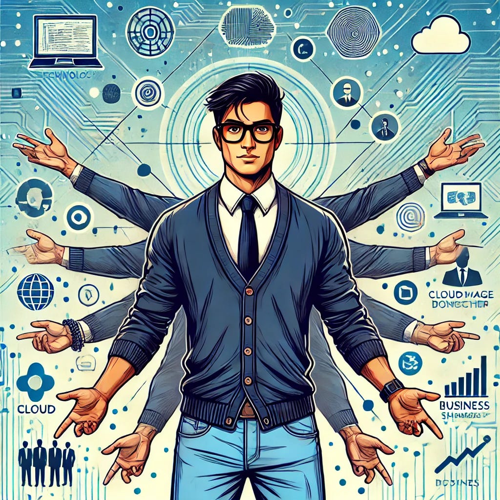 A cartoon illustration of a clean-shaven technical professional of Indian origin in the style of Leonardo da Vinci’s Vitruvian Man, wearing square black spectacles, a navy blue cardigan sweater over a light blue selvage buttoned denim shirt. The character uses their outstretched arms and legs to make connections across a vast network of business leaders. They have a confident expression and are surrounded by symbols of technology and leadership, including circuit boards, cloud computing icons, business handshake symbols, and data streams. The background features a futuristic digital web, illustrating the professional’s role in bridging ideas, people, and industries. A cartoon illustration of a clean-shaven technical professional of Indian origin in the style of Leonardo da Vinci’s Vitruvian Man, wearing square black spectacles, a navy blue cardigan sweater over a light blue selvage buttoned denim shirt. The character uses their outstretched arms and legs to make connections across a vast network of business leaders. They have a confident expression and are surrounded by symbols of technology and leadership, including circuit boards, cloud computing icons, business handshake symbols, and data streams. The background features a futuristic digital web, illustrating the professional’s role in bridging ideas, people, and industries.