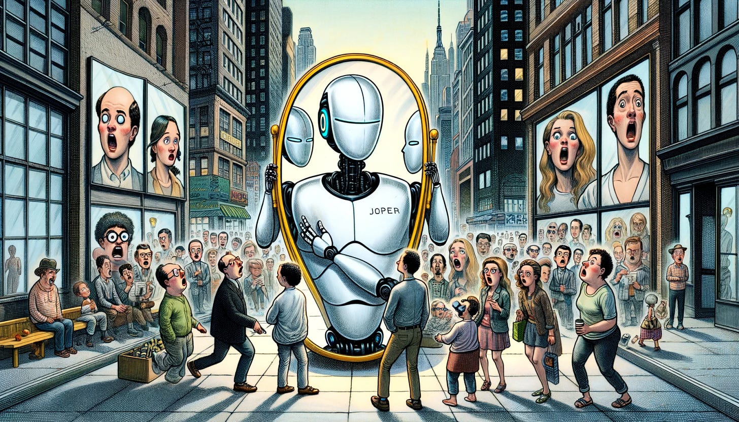 A New Yorker-style cartoon in a wide format. The scene is set in a bustling, modern city, perhaps New York. In the center, there's an AI robot, large and sleek, holding a mirror. Reflected in the mirror are various people from different walks of life, each with exaggerated expressions showing their attitudes, desires, and perceptions. Some are shocked, others amused, a few are critical, and some are introspective. The background is bustling with city life. The style is witty, with a touch of sophistication and satire. The scene is reminiscent of 'The Emperor's New Clothes' theme, subtly hinting at the irony of human nature and its reflection in AI.