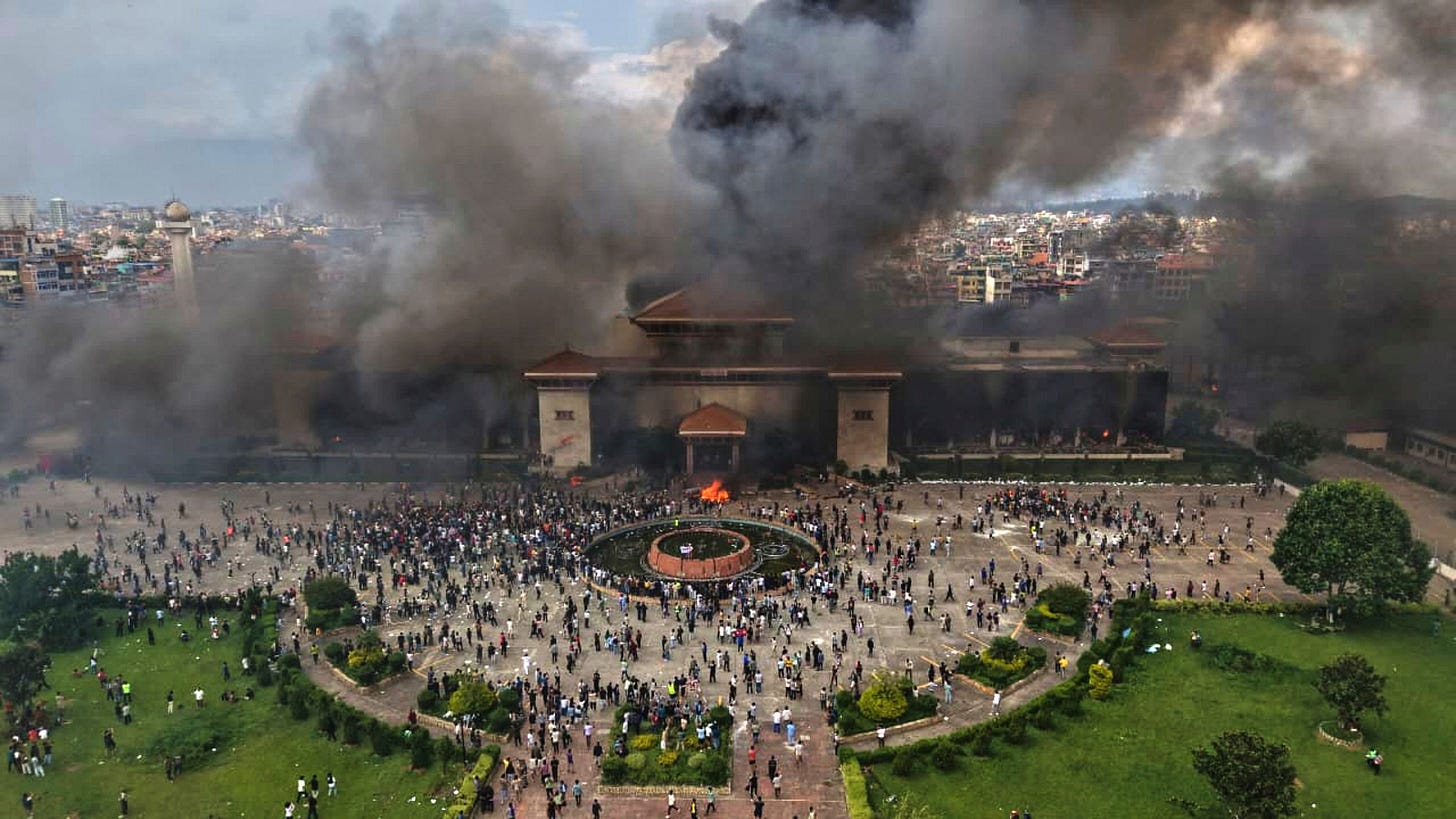 Nepal’s Gen-Z protesters set fire to the parliamentary building in Kathmandu. Nepal’s Gen-Z protesters set fire to the parliamentary building in Kathmandu.
