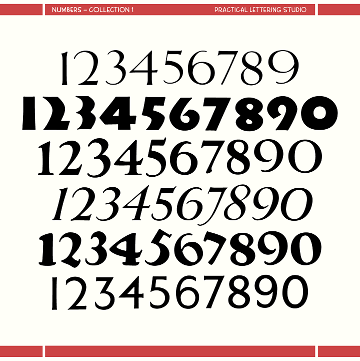 Practical Lettering Studio Numbers Collection, sheets 1 through 4. Four specimen sheets displaying hand-lettered numeral styles ranging from bold display serifs and condensed sans serifs to brush scripts and delicate fine-line styles. Each sheet shows numerals 0 through 9 with dollar and cent symbols across multiple style variations.