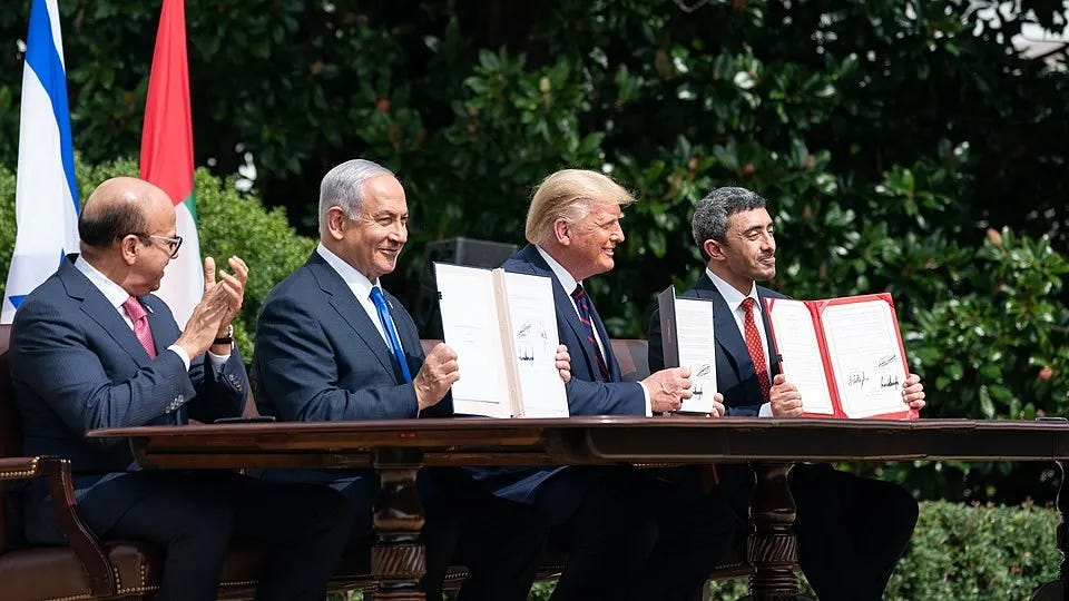 President Trump, Prime Minister Netanyahu and the Foreign Ministers of Bahrain and the United Arab Emirates signing the Abraham Accords at the White House, 15 September 2020.