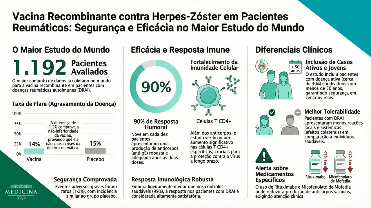 A imagem é um infográfico em português, com fundo branco e detalhes em verde, que informa que a vacina é segura, eficaz e bem tolerada em pacientes reumáticos, com alta resposta imunológica e sem aumento significativo de agravamento da doença. Título (no topo): “Vacina Recombinante contra Herpes-Zóster em Pacientes Reumáticos: Segurança e Eficácia no Maior Estudo do Mundo”.