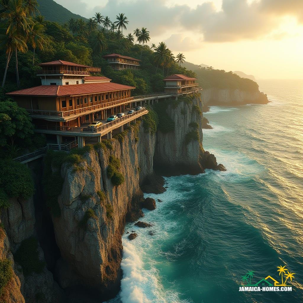 A breathtaking Jamaican cliff edge at golden hour, cascading multi-level apartments carved into limestone, skybridges linking towers, rooftop petrol station glowing softly, coconut trees swaying below, turquoise Caribbean Sea crashing at the base