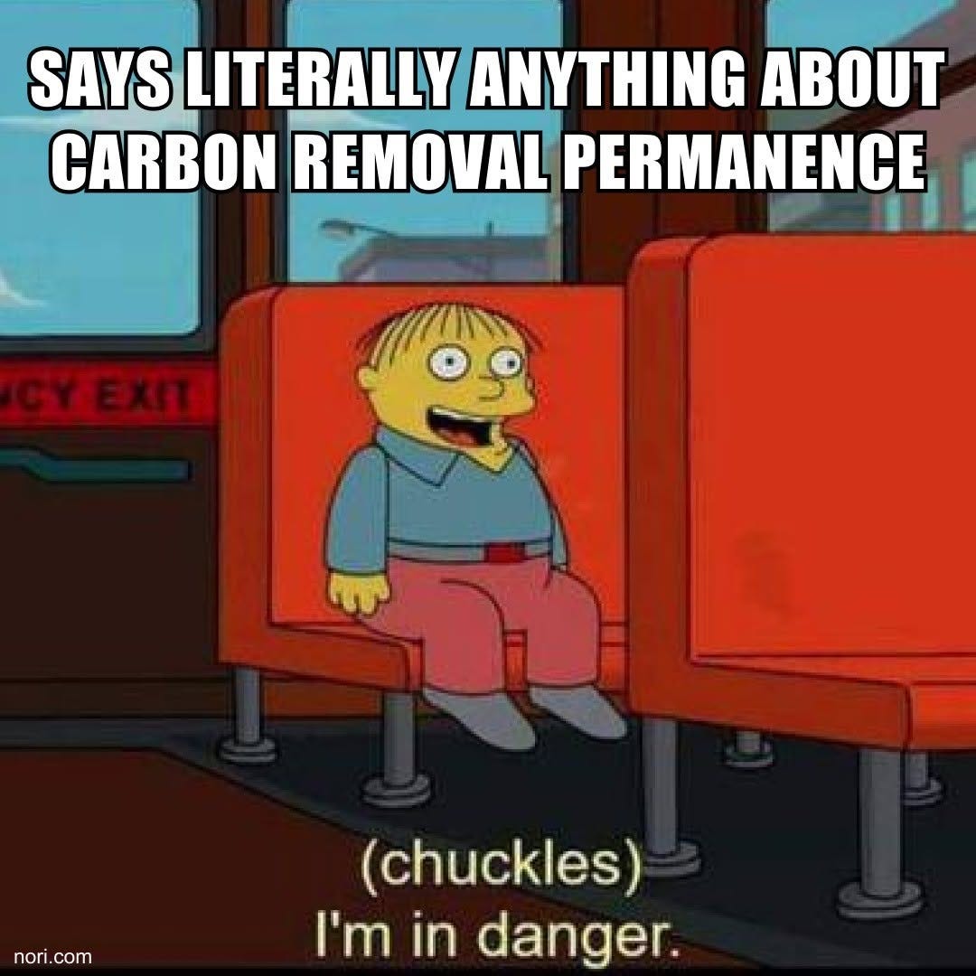 Simpsons still of Ralph on the school bus, smiling. Top: "Says literally anything about carbon removal permanence." Bottom: "(chuckles) I'm in danger."