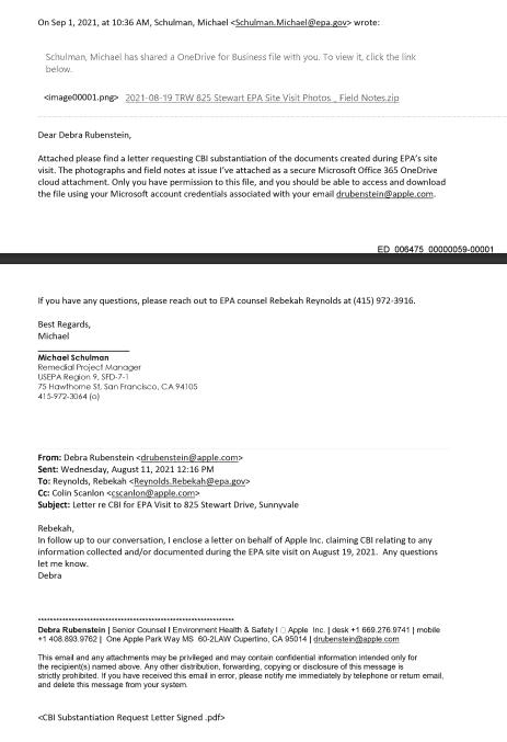 Emails between EPA & Apple. Apple claims "CBI" or "Confidential Business Information" to certain EPA site visit notes & photographs