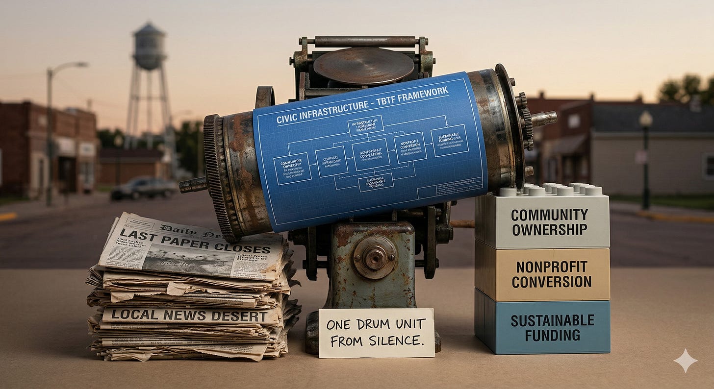 A photographic illustration where a printing press drum unit, wrapped in a blueprint diagram titled 'CIVIC INFRASTRUCTURE - TBTF FRAMEWORK', rests precariously on stacks of crumbling newspapers detailing news deserts. Below the drum, a handwritten sign reads 'ONE DRUM UNIT FROM SILENCE.' The blueprint connects to interlocking structural blocks labeled 'COMMUNITY OWNERSHIP' and 'NONPROFIT CONVERSION'. In the background, a small town water tower is visible at twilight, emphasizing the localized systemic risk of information failure. A photographic illustration where a printing press drum unit, wrapped in a blueprint diagram titled 'CIVIC INFRASTRUCTURE - TBTF FRAMEWORK', rests precariously on stacks of crumbling newspapers detailing news deserts. Below the drum, a handwritten sign reads 'ONE DRUM UNIT FROM SILENCE.' The blueprint connects to interlocking structural blocks labeled 'COMMUNITY OWNERSHIP' and 'NONPROFIT CONVERSION'. In the background, a small town water tower is visible at twilight, emphasizing the localized systemic risk of information failure.