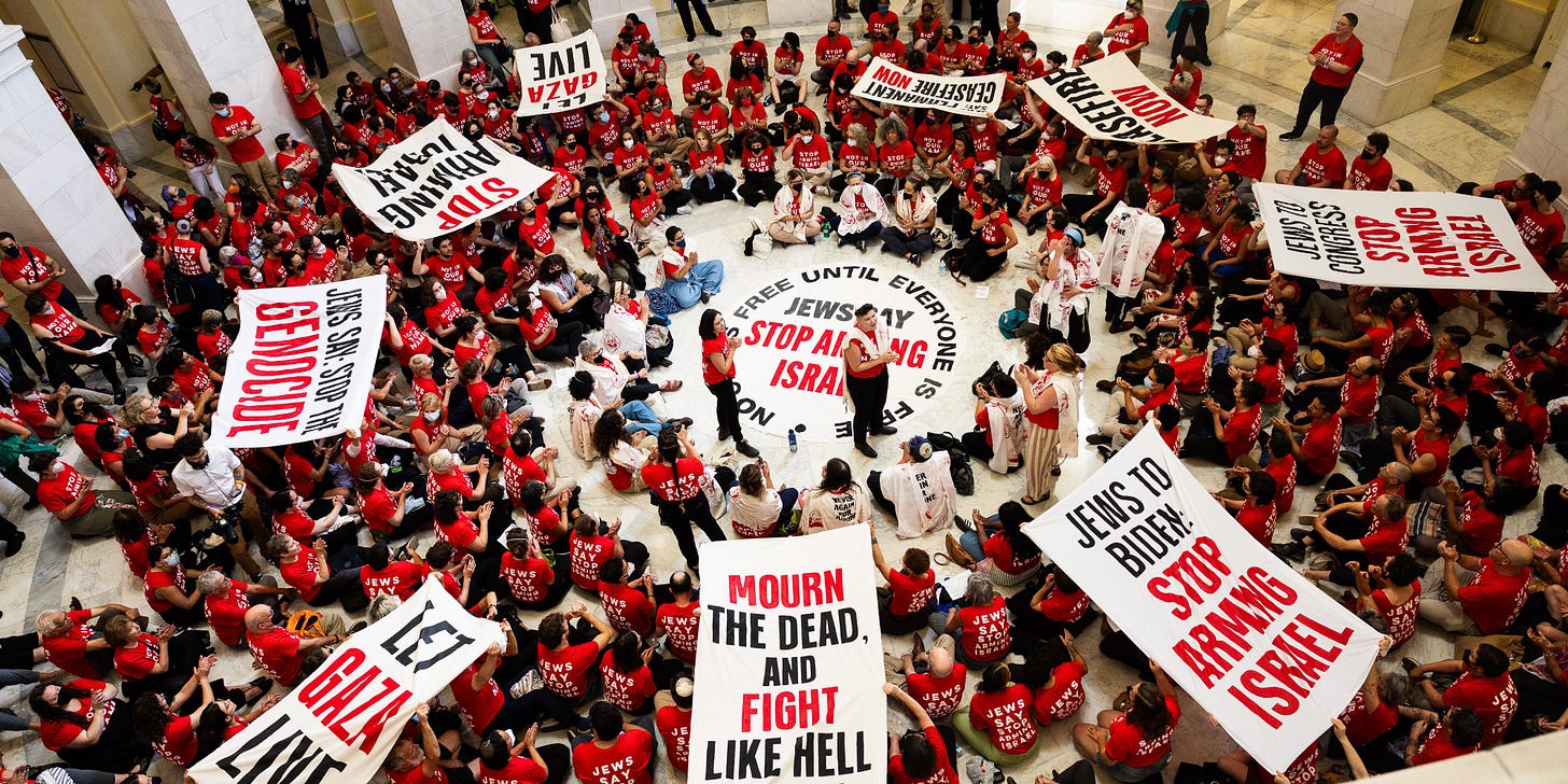 WASHINGTON, DC - JULY 23: Demonstrators from Jewish Voice For Peace protest the war in Gaza at the Canon House Building on July 23, 2024 in Washington, DC. The protest comes a day before Israeli Prime Minister Benjamin Netanyahu is set to speak before Congress. (Photo by Tierney L. Cross/Getty Images) WASHINGTON, DC - JULY 23: Demonstrators from Jewish Voice For Peace protest the war in Gaza at the Canon House Building on July 23, 2024 in Washington, DC. The protest comes a day before Israeli Prime Minister Benjamin Netanyahu is set to speak before Congress. (Photo by Tierney L. Cross/Getty Images)
