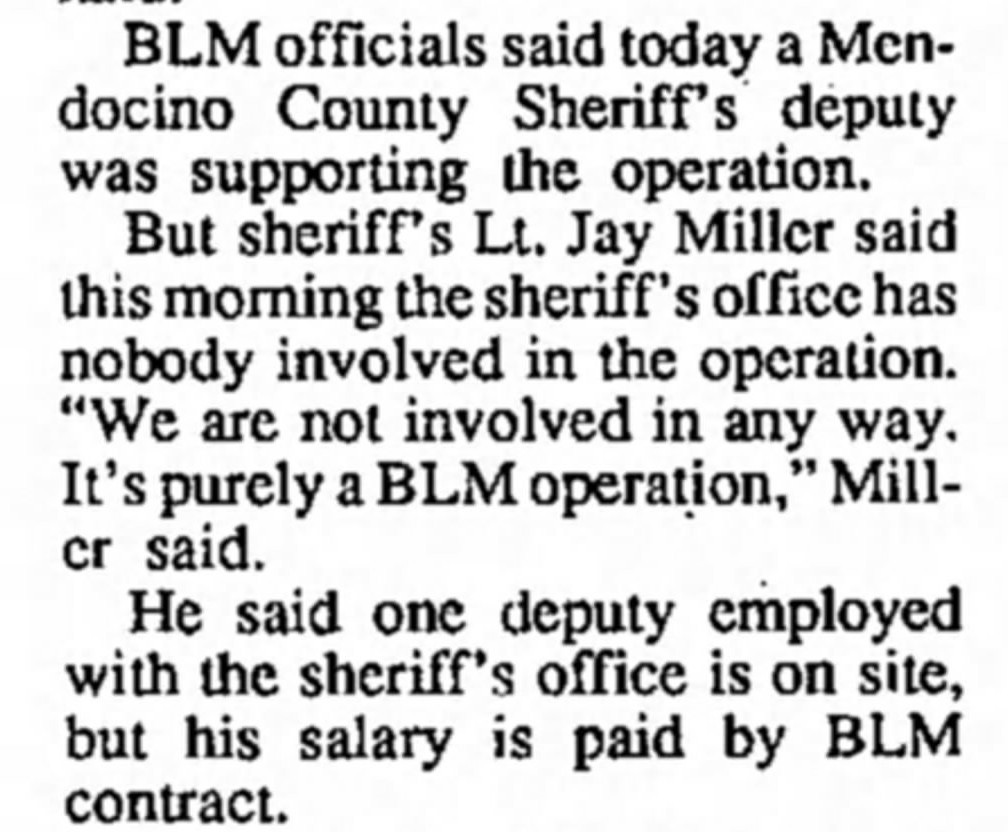 Mendocino County Sheriff's Office tried to distance themselves from Operation Green Sweep, but had to admit they offered a deputy to the wolves during the martial law event in Humboldt's King Range National Conservation Area