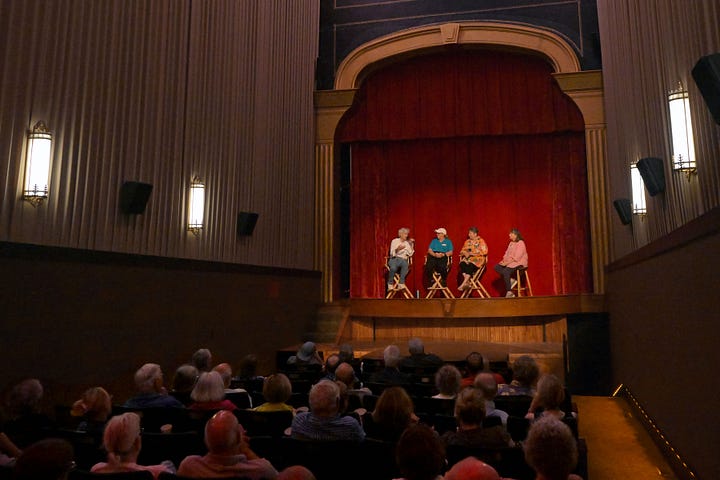 Marianne Fons speaking to moviegoers; post-film panel discussion featuring Art Cullen, Vicki Minor, Julie Gammack, and Jane Burns (both photos by David Thoreson)