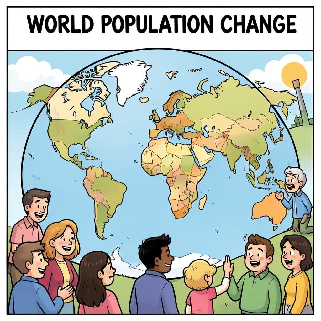 Create a cartoon to illustrate "World Population Change" Create a cartoon to illustrate "World Population Change"