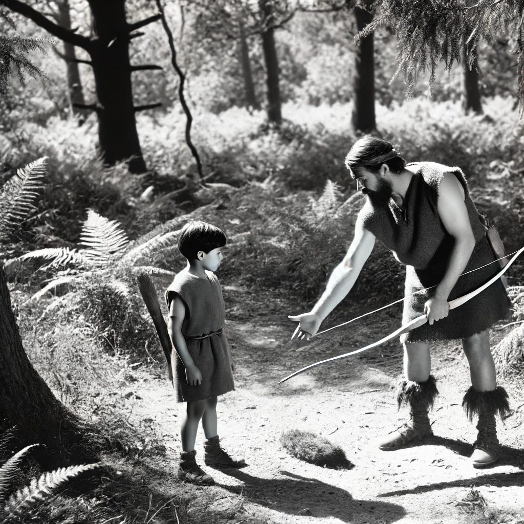 A hunter-gatherer teaching his child to hunt in a forest setting. The adult is showing the child how to track an animal, pointing to tracks on the ground while holding a bow. The child watches intently, mimicking the adult's posture. The background features dense trees and underbrush, with the sunlight filtering through the leaves, creating a serene and educational atmosphere. Create the image in black and white.
