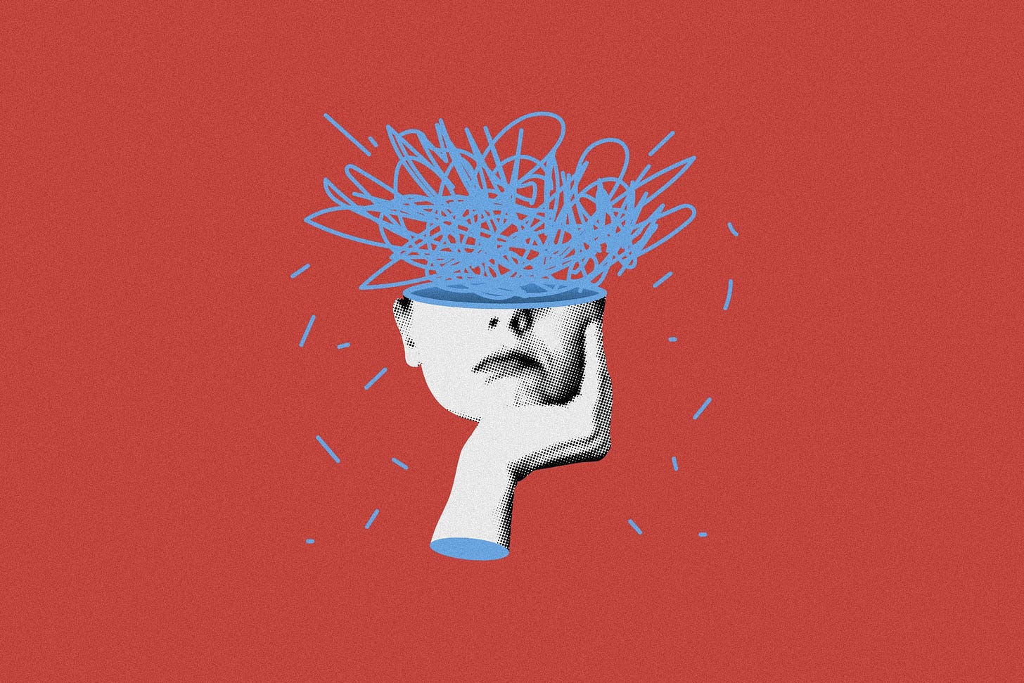 An image with a black and white photo of a woman's face from the nose down, with an explosion of blue lines coming out of it. she is propping her chin on her hand.