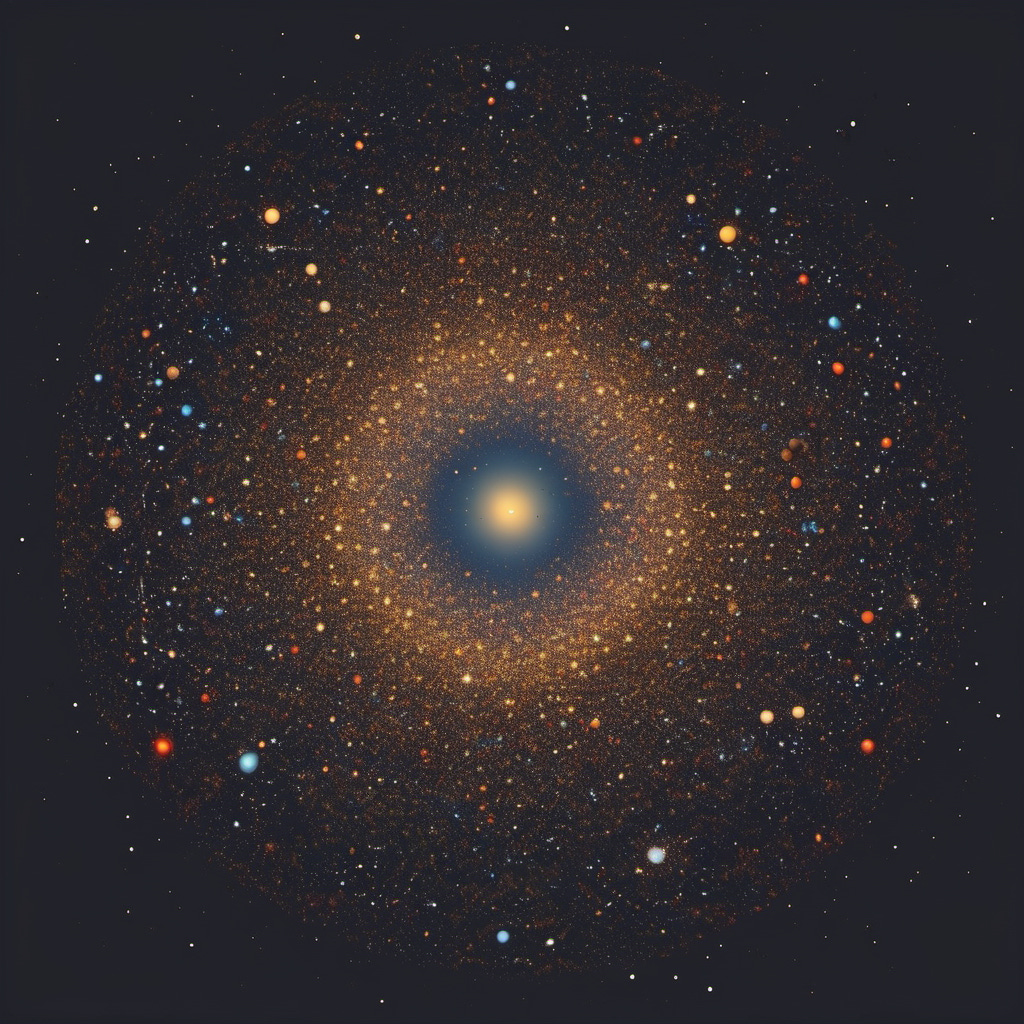 An AI-generated image of particles arranged in a circle on a black background. Generated from prompt "a tiny particle compared with the universe"