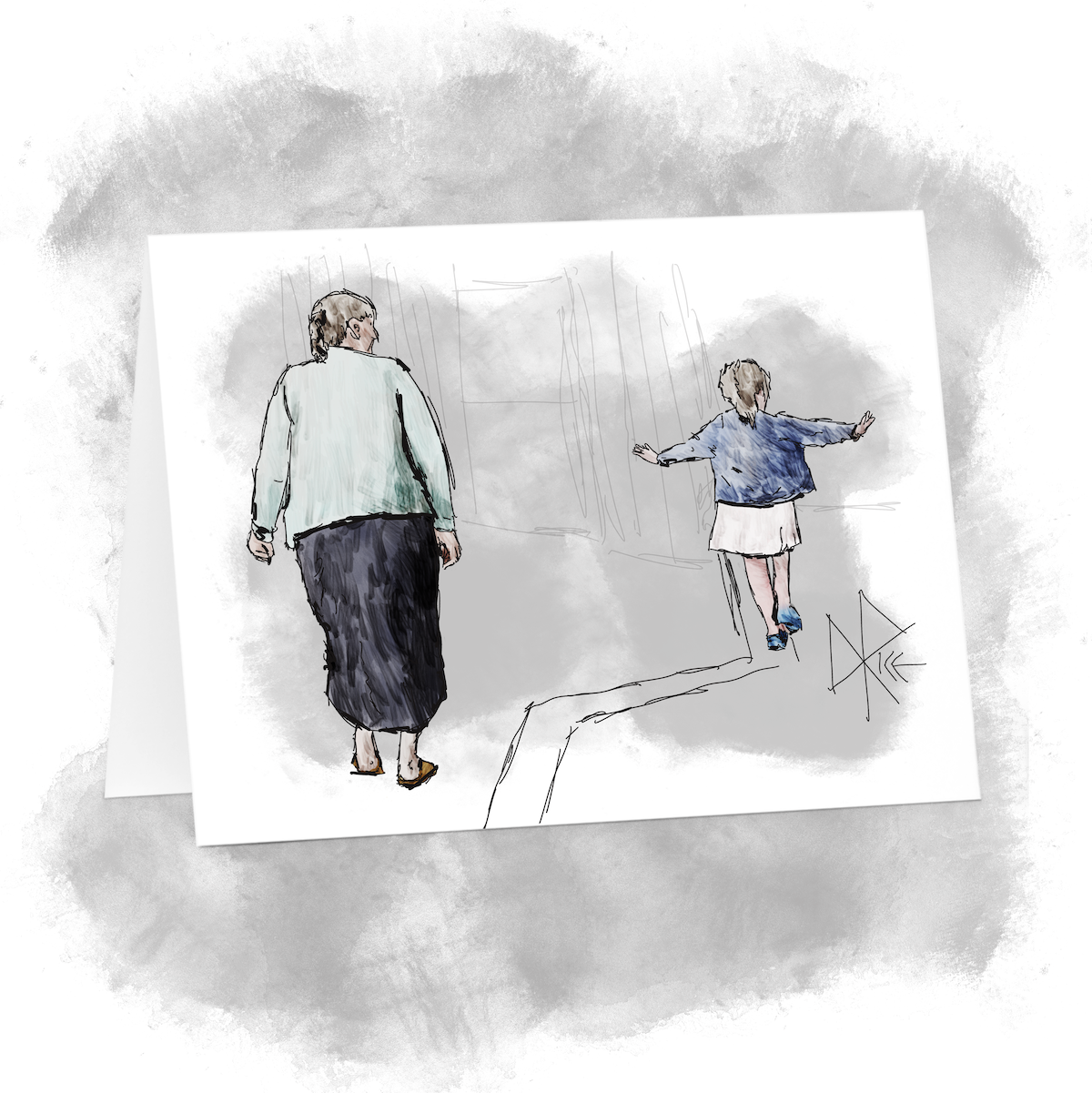A young girl holds her arms akimbo as she walks along a curb as if it were a beam, as an adult strolls beside her. Sketch art by Don Rice. A young girl holds her arms akimbo as she walks along a curb as if it were a beam, as an adult strolls beside her. Sketch art by Don Rice.