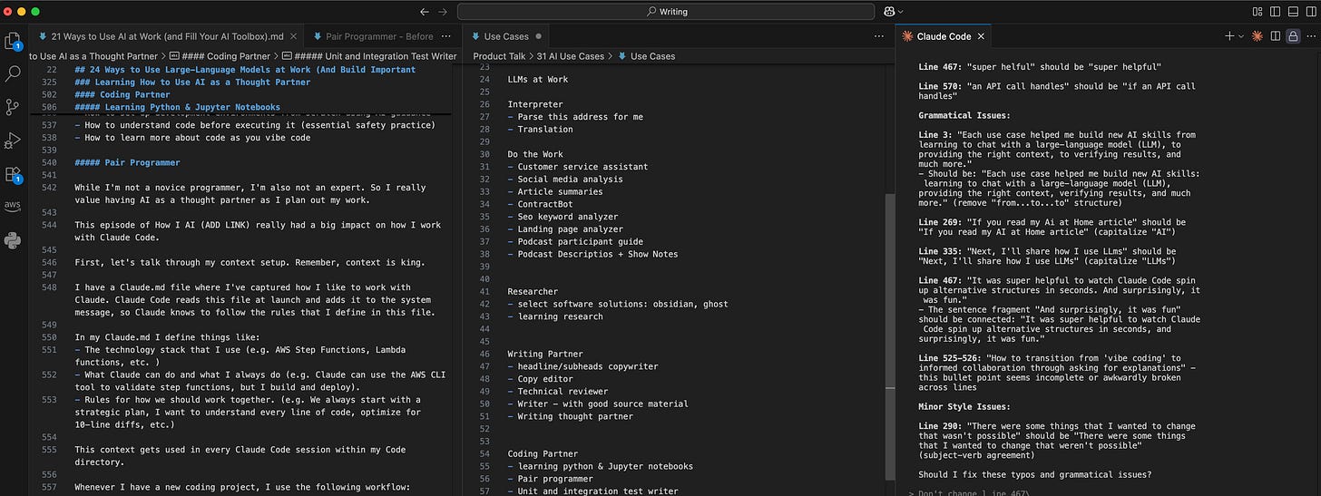 Screenshot of a writing workspace with three panels: a markdown article draft on the left, a list of AI use cases in the middle, and grammar and style feedback on the right.