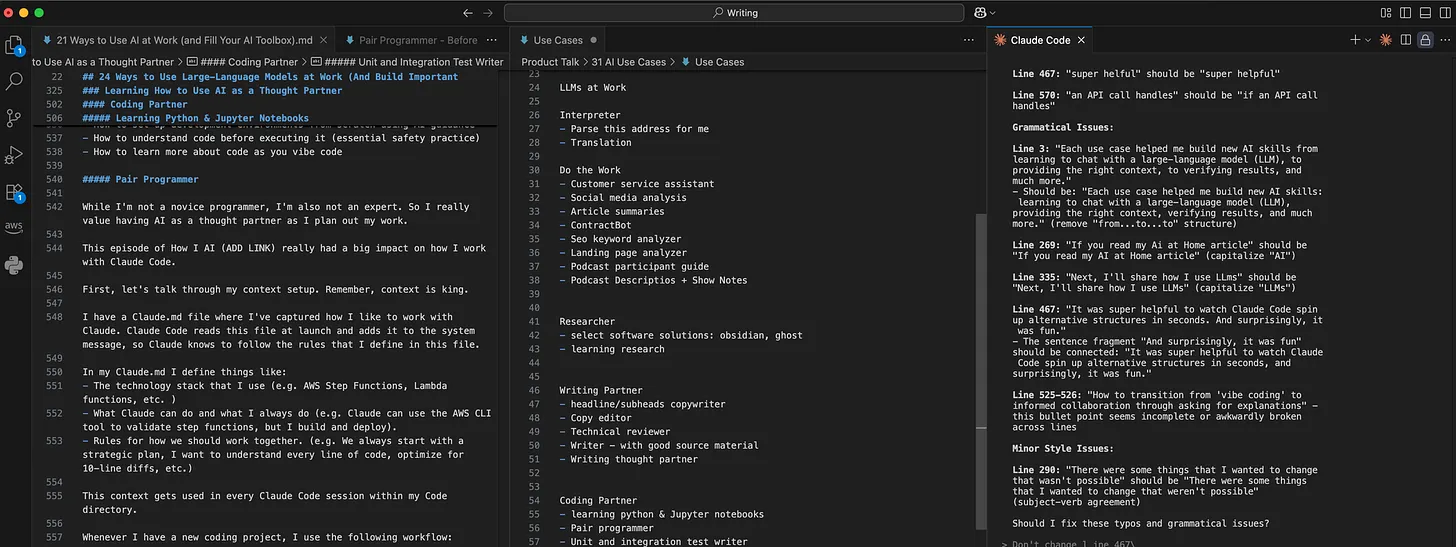 Screenshot of a writing workspace with three panels: a markdown article draft on the left, a list of AI use cases in the middle, and grammar and style feedback on the right.