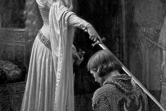 May include: A woman in a white gown and crown is kneeling before a man in armor. She is holding a sword over his head. The man is kneeling on one knee and has his hands clasped in front of him. There are other people in the background, including a man with a long beard and a young boy. May include: A woman in a white gown and crown is kneeling before a man in armor. She is holding a sword over his head. The man is kneeling on one knee and has his hands clasped in front of him. There are other people in the background, including a man with a long beard and a young boy.