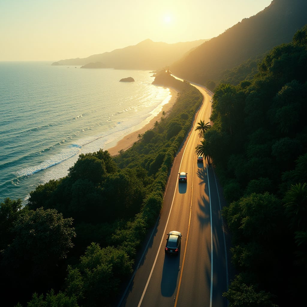 A winding Jamaican highway, lined with lush tropical vegetation, hugs the coastline as cars drive on the left side of the road, their headlights casting a warm glow on the asphalt. The ocean stretches out to the horizon, its waves gently lapping at the shore