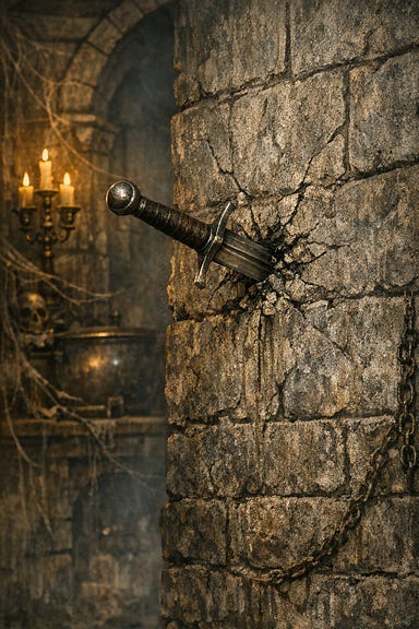 Longsword embedded hilt-deep in a castle wall, no characters present Longsword embedded hilt-deep in a castle wall, no characters present