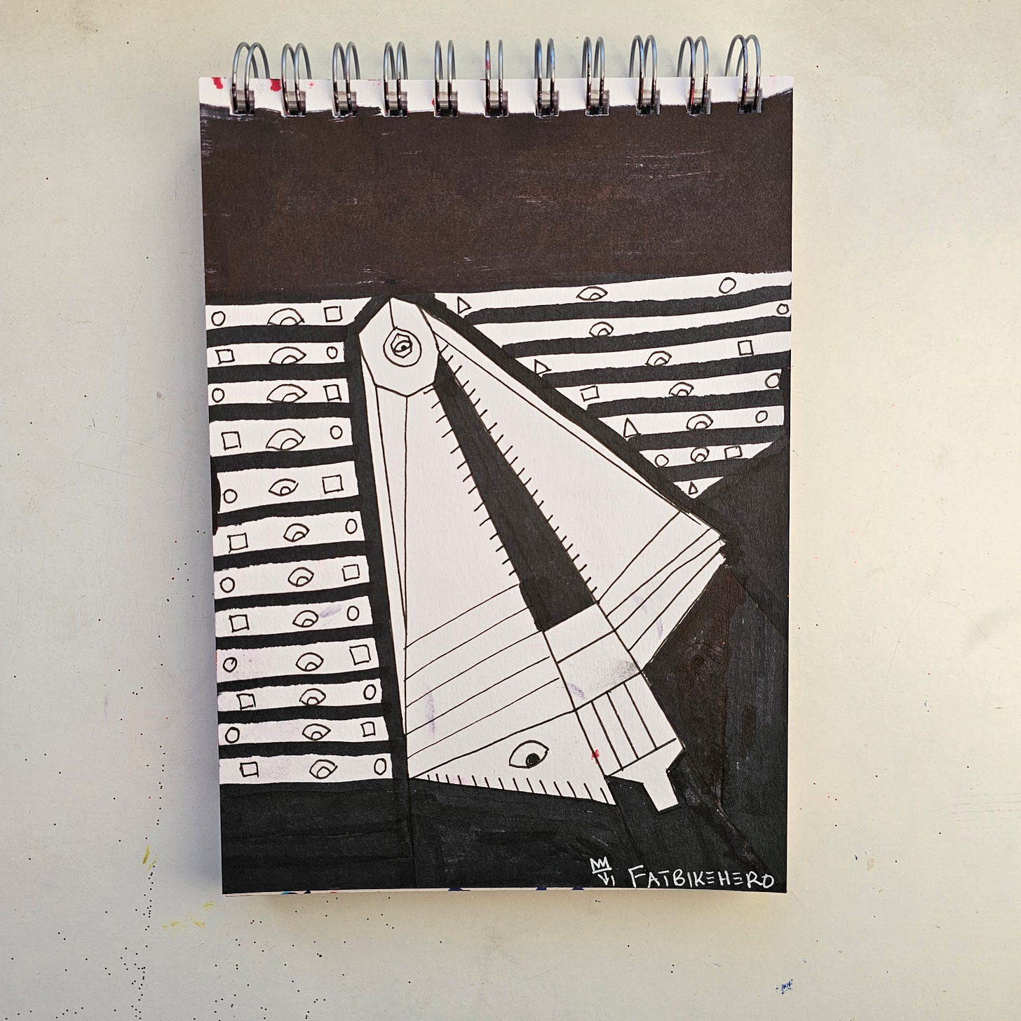 Alt Text: A black and white ink drawing by artist FatbikeHero (b. 1983) titled Masonic Square. The image features a large, central geometric compass or divider tool. The background consists of horizontal stripes filled with repeating "all-seeing eye" motifs, set against heavy black ink blocks at the top and bottom. Alt Text: A black and white ink drawing by artist FatbikeHero (b. 1983) titled Masonic Square. The image features a large, central geometric compass or divider tool. The background consists of horizontal stripes filled with repeating "all-seeing eye" motifs, set against heavy black ink blocks at the top and bottom.