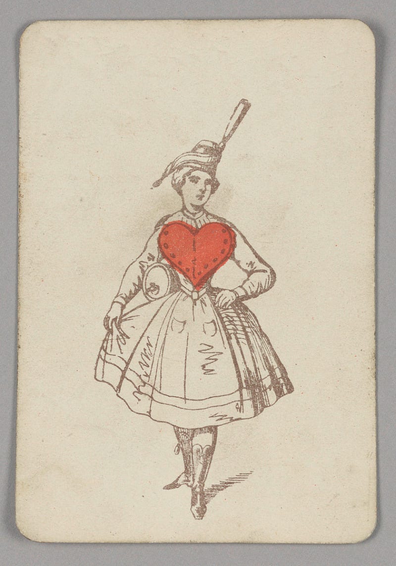Ace of Hearts playing card from a pack of transformation playing cards. Female figure depicted in outline, wearing a dress, hat, and boots. A red heart appears as the bodice of her dress.