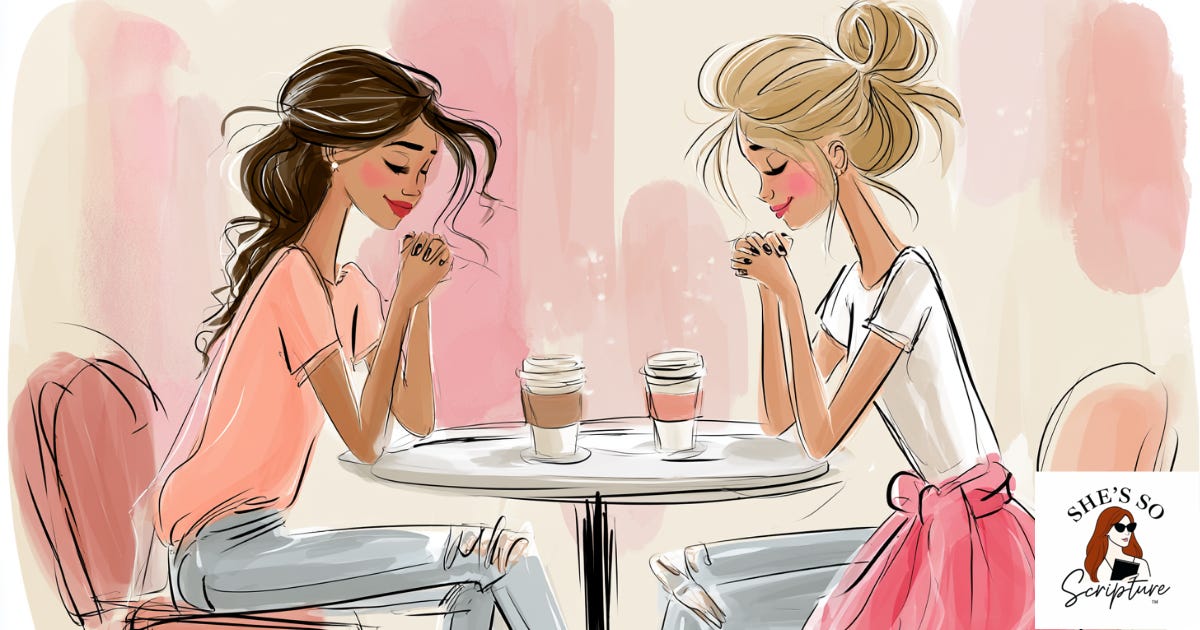 An illustration of two women sitting together at a coffee shop table with coffee cups between them, one placing her hand over the other's in a gesture of comfort and solidarity, rendered in a whimsical fashion illustration style with blush pink and cream watercolor tones.