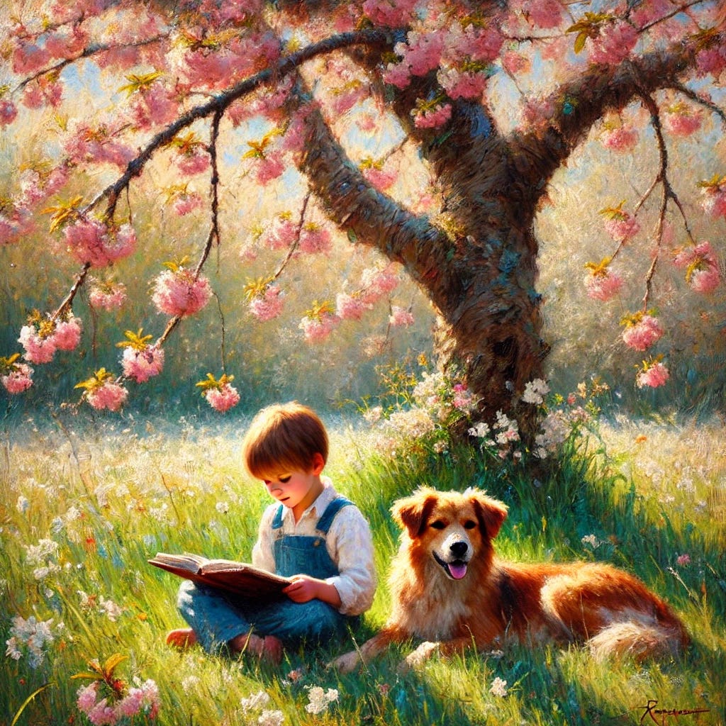 An impressionist-style painting of a young boy reading a book while sitting on soft green grass under a large flowering cherry tree. The tree is larger and positioned further back in the composition, dominating the scene with its expansive canopy of pink blossoms. A friendly dog, medium-sized with light brown fur, is lying beside the boy, resting peacefully. The boy wears a simple white shirt and blue overalls. Cherry blossoms drift gently in the warm spring air. The background is a sunlit meadow with soft, impressionistic brush strokes emphasizing light, color, and texture.