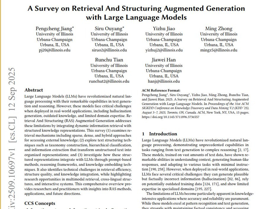 A document page titled "A Survey on Retrieval And Structuring Augmented Generation with Large Language Models" featuring text about retrieval and structuring in AI. University logos from University of Illinois Urbana-Champaign, University of Illinois at Urbana, and University of Illinois appear at the top. The text includes sections like "Abstract" and "1 Introduction" with dense paragraphs and citations.