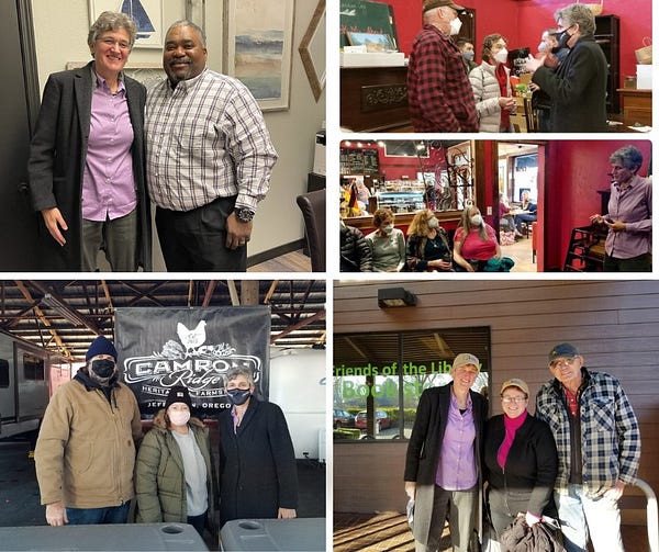 A collage of four photos from top left: Jamie McLeod-Skinner stands with Albany, OR Mayor Alex Johnson II; Jamie talks to voters at Little Wuesten Cafe on topics ranging from health care to housing to education; Jamie with two members of the Creating Housing Coalition, which is working to find solutions for their unhoused neighbors; Jamie with farmers at the Corvallis Farmers Market, who talked with her about sustainable agriculture and what farmers needs to recover from the pandemic. 