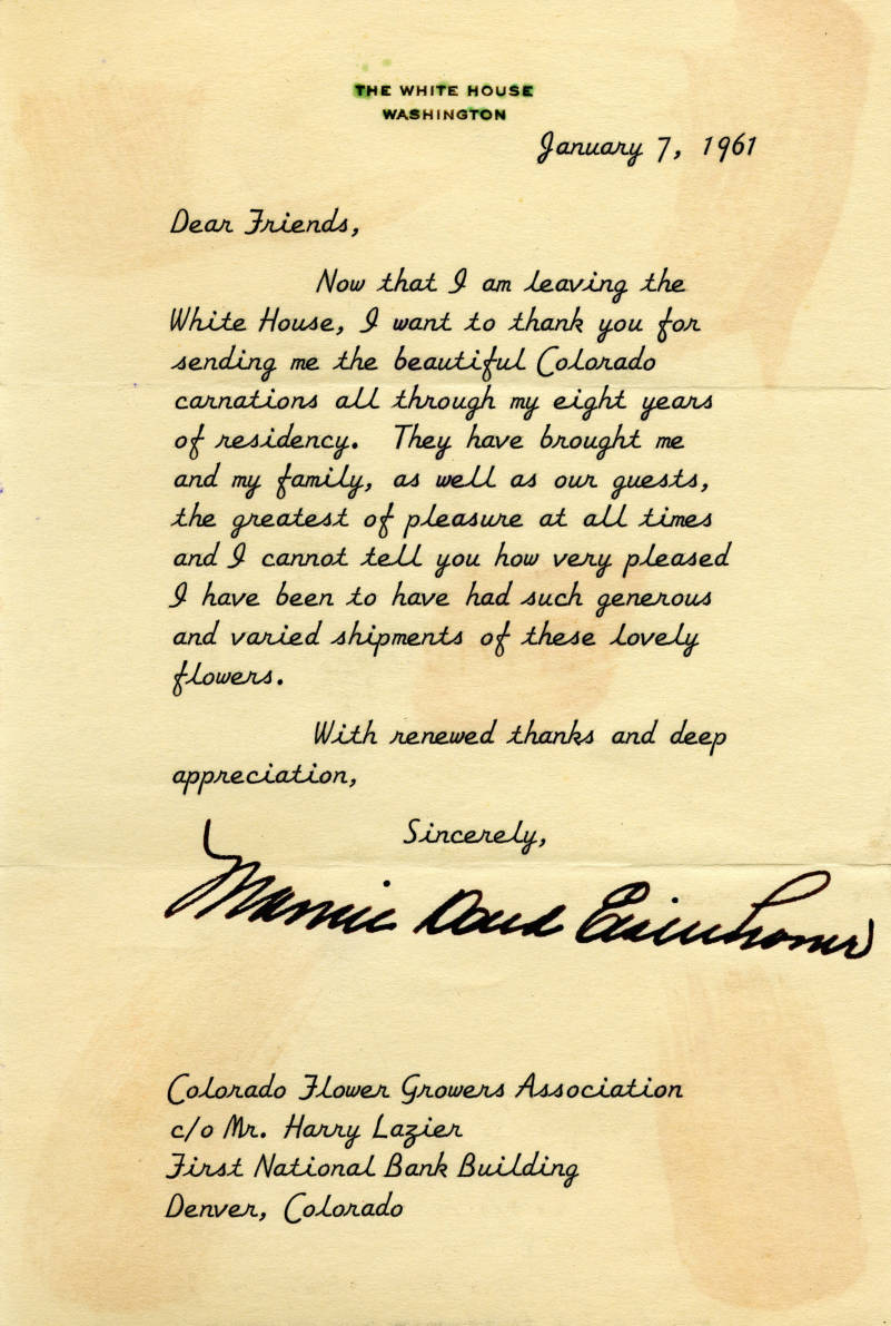 Letter from Mamie Eisenhower to Colorado Flower Growers Association Letter from Mamie Eisenhower to Colorado Flower Growers Association