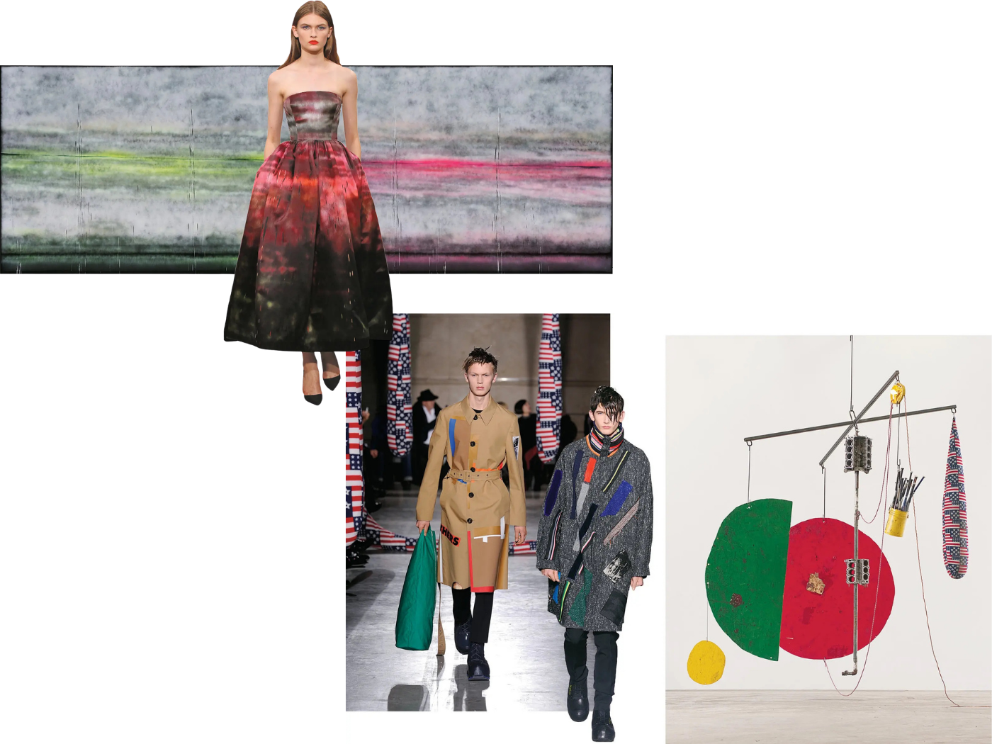 A collage featuring Raf Simons and Sterling Ruby’s art-fashion collaboration, including a strapless dress with painterly red and black markings, runway looks with patchwork and paint-like details, and a red, green, yellow, and black sculptural artwork. A collage featuring Raf Simons and Sterling Ruby’s art-fashion collaboration, including a strapless dress with painterly red and black markings, runway looks with patchwork and paint-like details, and a red, green, yellow, and black sculptural artwork.