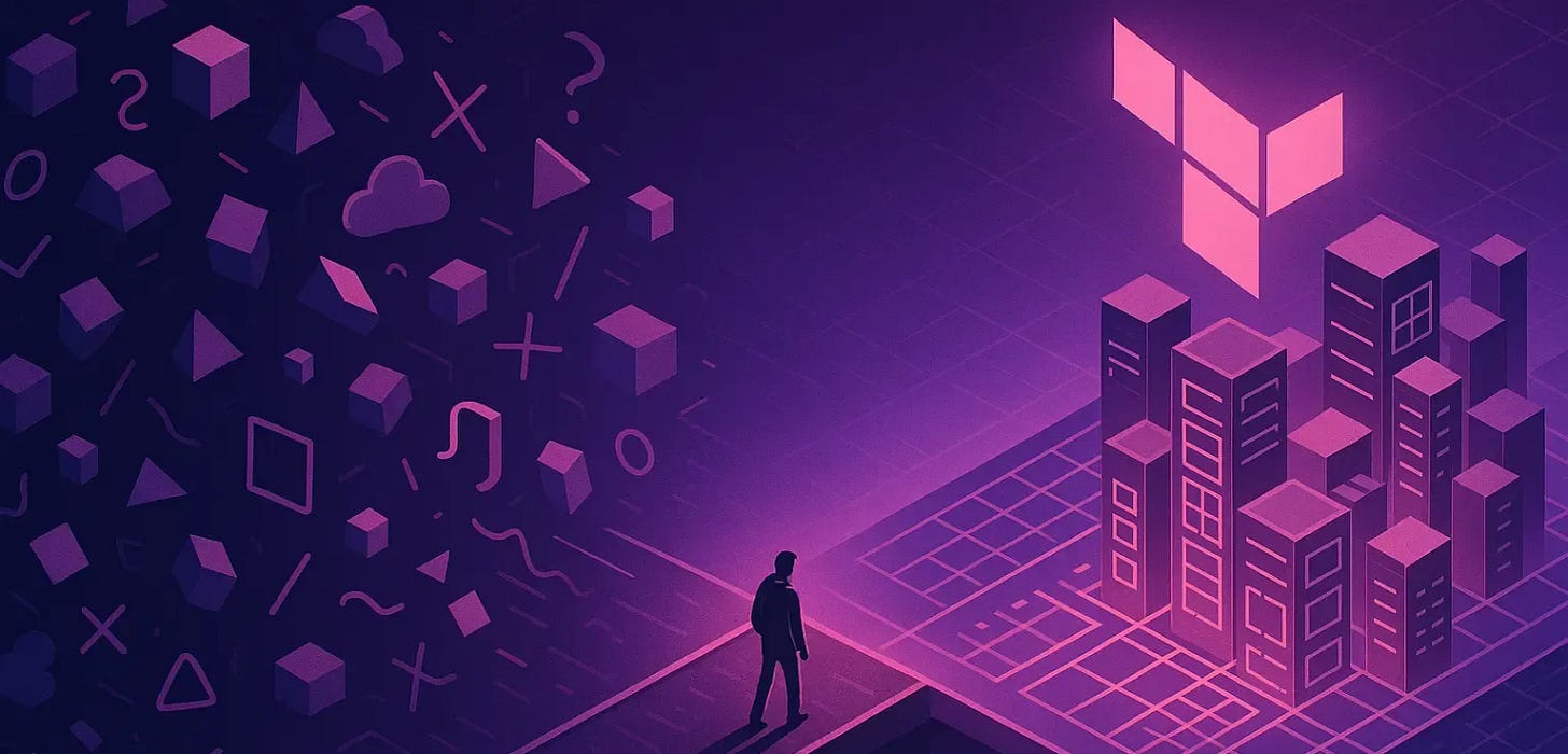 Un uomo cammina verso una infrastruttura ordinata sulla quale svetta il logo Terraform, alle sue spalle forme geometriche, simboli matematici e nuvole sparse senza criterio.