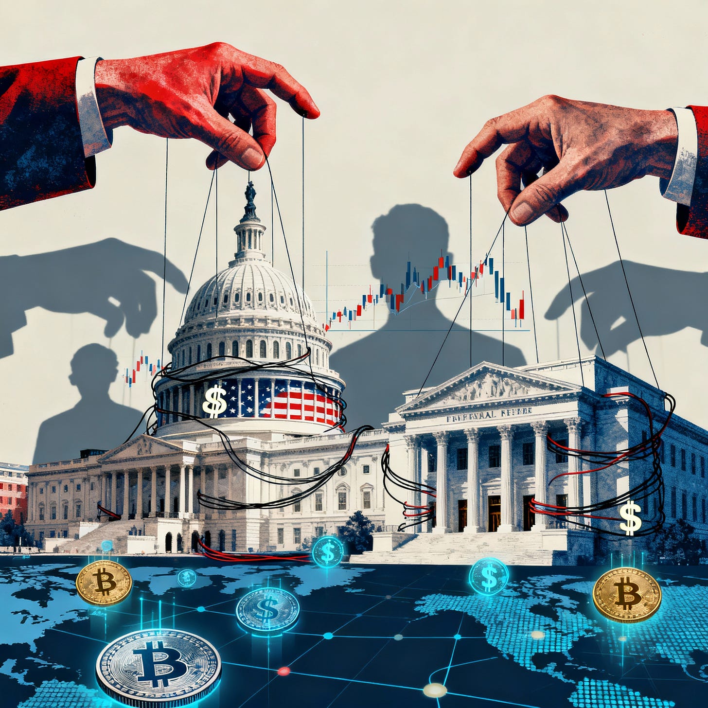 An artistic depiction of concentrated US federal and monetary power, with digital dollars extending global influence.