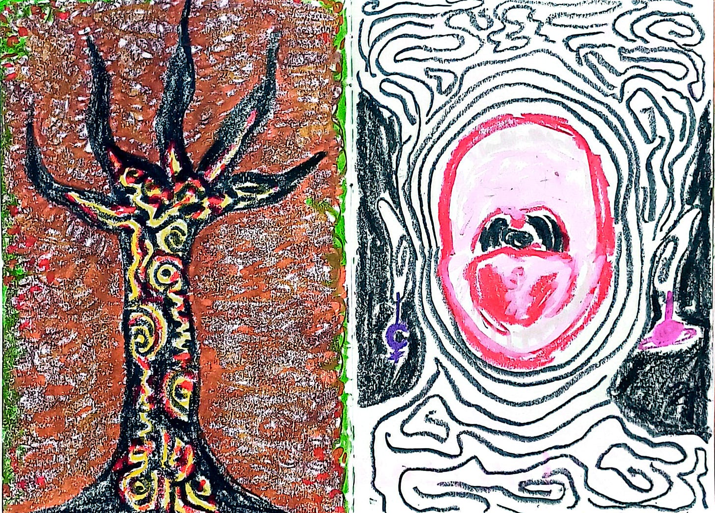 split-panel drawing. The left side shows a textured brown tree with black branches and yellow-and-red swirling patterns on the trunk. The right side features a pale pink face with a large open mouth, surrounded by chaotic black-and-white swirling lines and two small purple symbols