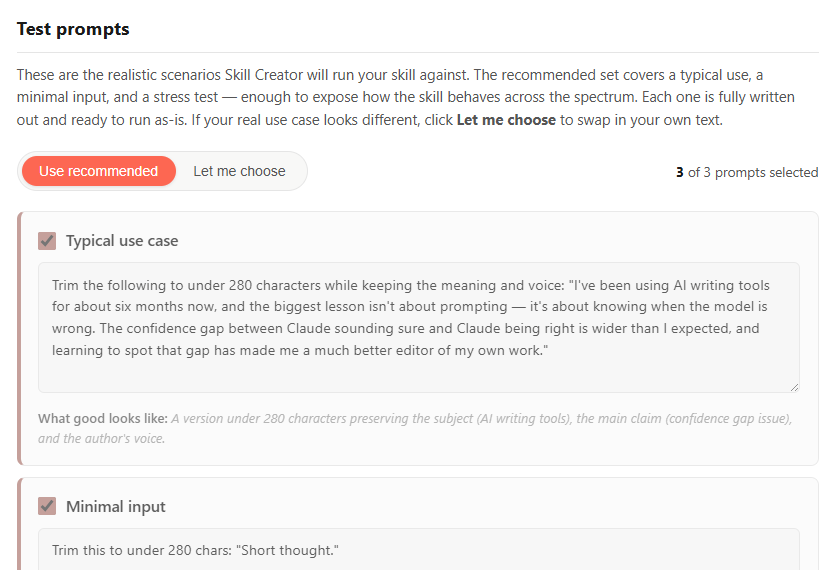 Eval Maker's Test Prompts section for tweet-trimmer with three recommended scenarios — typical use case, minimal input, and a stress test — each ready to run as-is, with a toggle between "Use recommended" and "Let me choose."