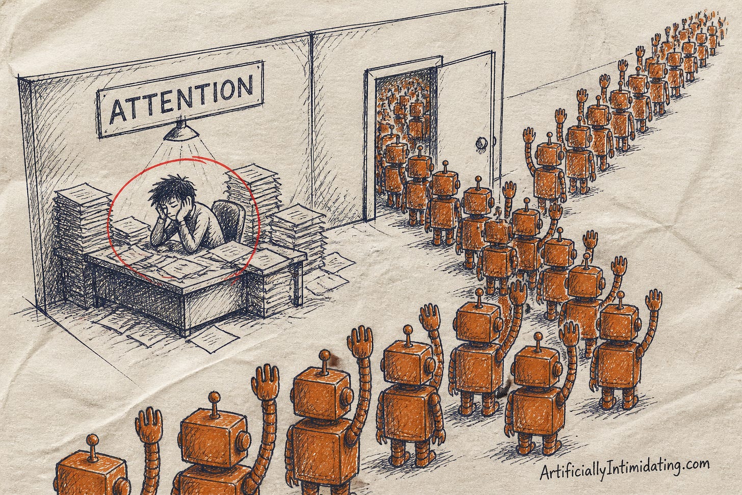 A tired human at a single desk under a sign reading ATTENTION, circled in red, while a long line of identical rust-orange robots, each raising a hand, queues out the door.