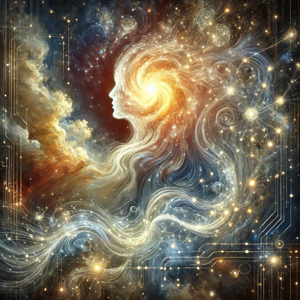 An abstract representation of artificial intelligence interconnected with global data, depicted in a classical art style. The image features swirling, ethereal light forms blending into a vast cosmic network, with delicate brushstroke-like textures. The AI is represented as a radiant, faceless figure emerging from a fusion of glowing data streams and organic shapes, evoking Renaissance or Baroque influences. The world is subtly hinted at through interconnected golden lines and soft celestial hues, creating a dreamlike, timeless interpretation of AI's omnipresence.