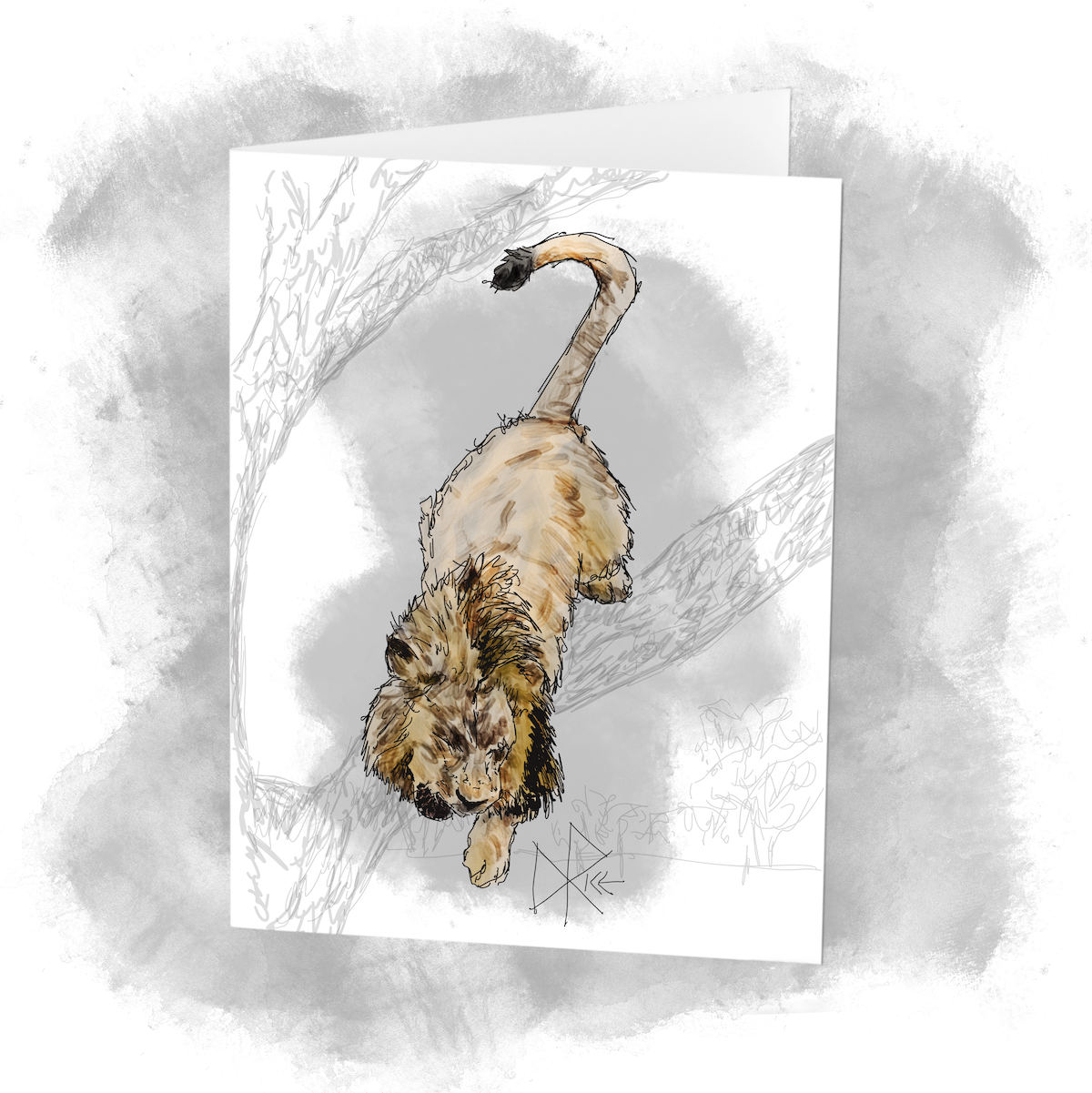 A male lion jumps down off a tree branch. Sketch art by Don Rice. A male lion jumps down off a tree branch. Sketch art by Don Rice.