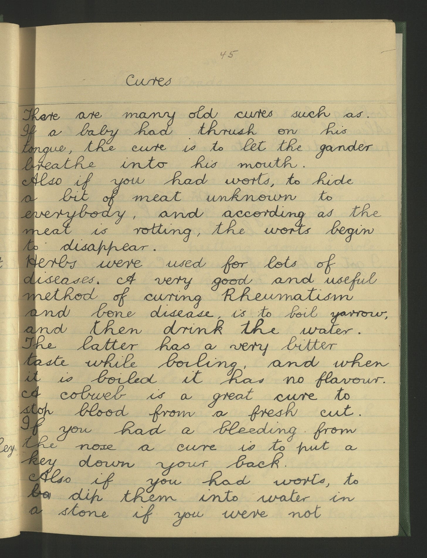A handwritten page of beautiful cursive writing detailing outlandish 'cures' of the early 20th century in rural Ireland